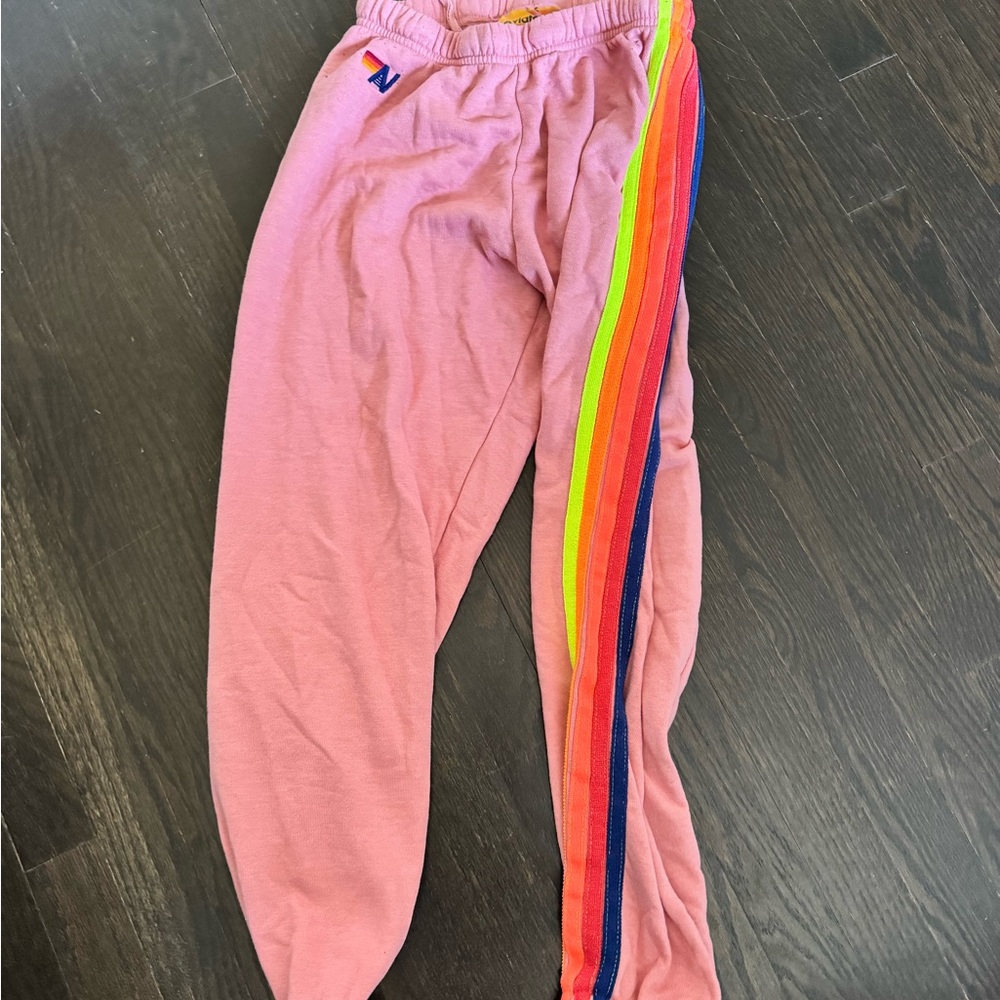 Aviator Nation Pink Joggers with Rainbow Stripe